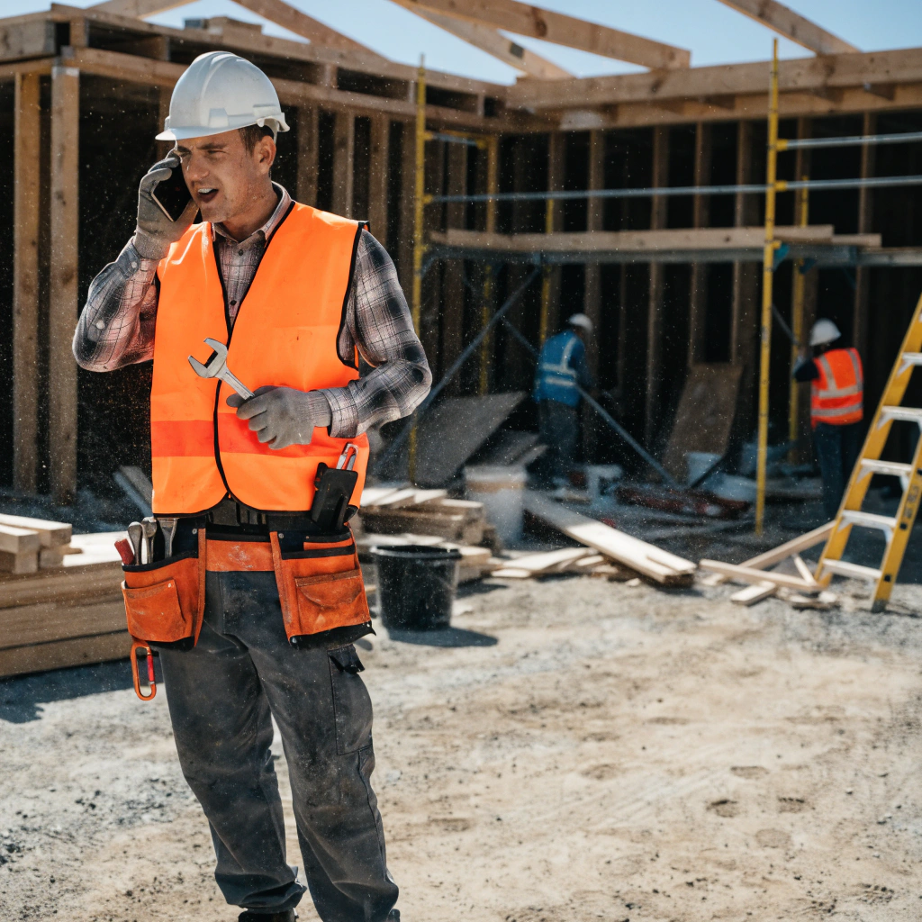 Builder on site checking plans on phone