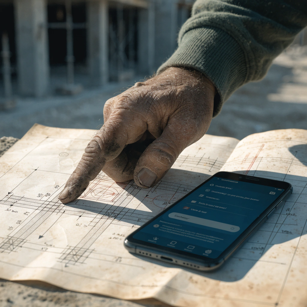 Construction worker pointing at plans with phone showing app
