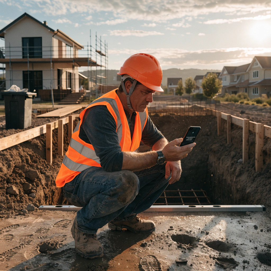 Builder at foundation site checking phone before concrete pour