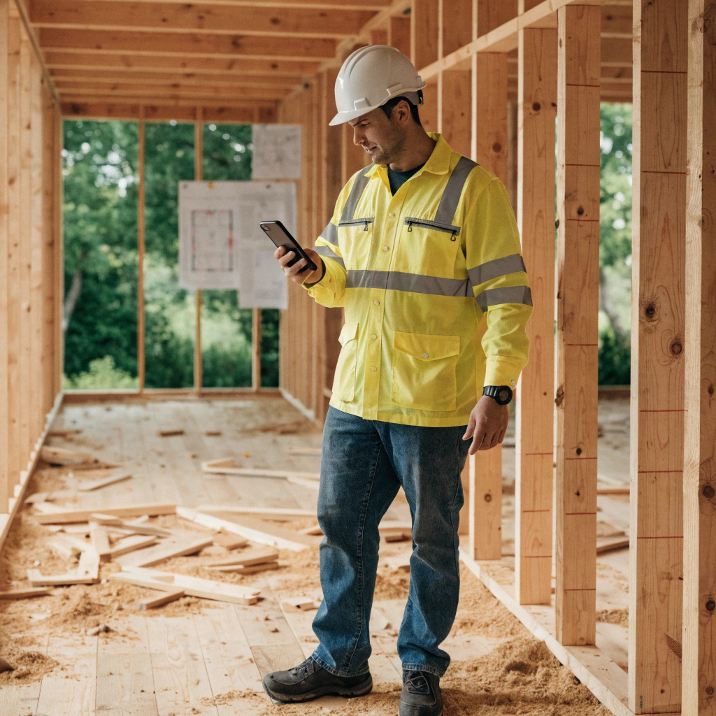 Builder in timber frame structure checking phone for answers