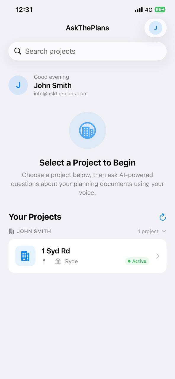 Project selection screen showing a list of active projects