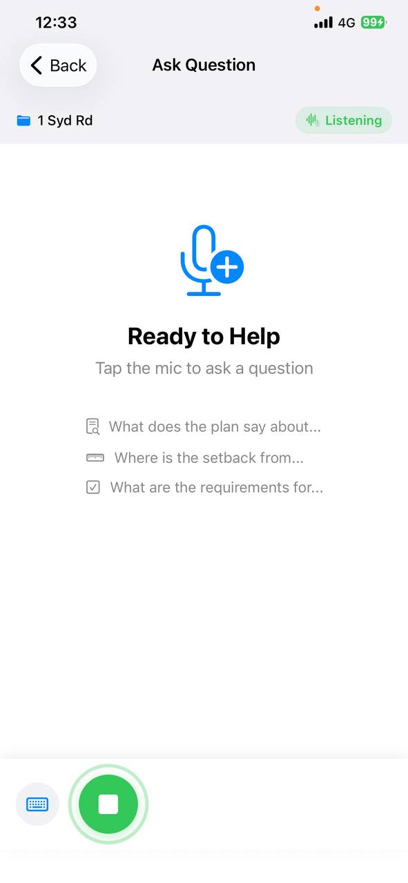Ask Question screen showing the microphone button in listening mode
